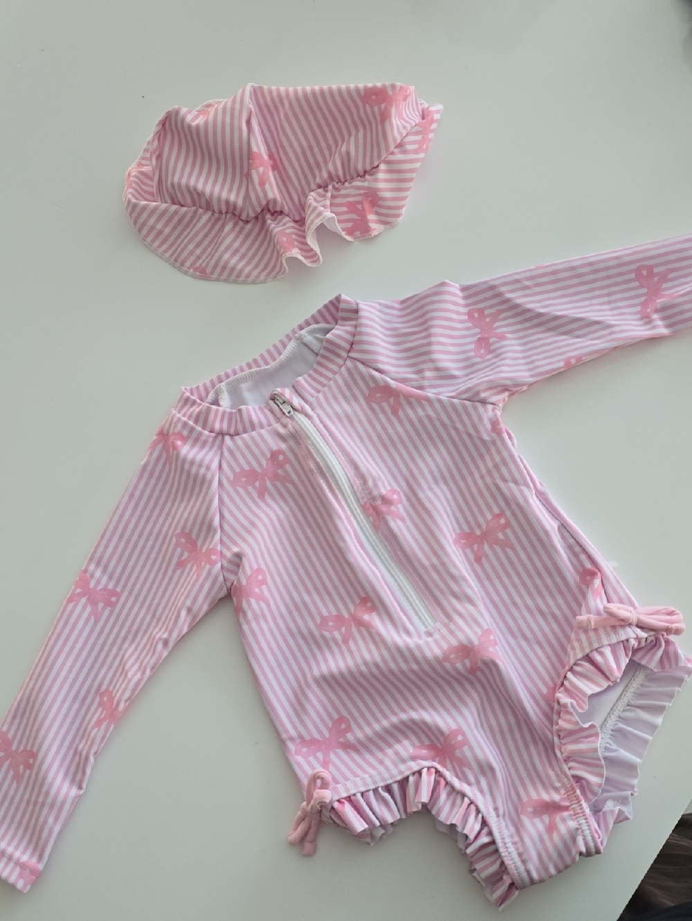 Pink Striped Bow One-Piece Swimsuit with Matching Swim Hat